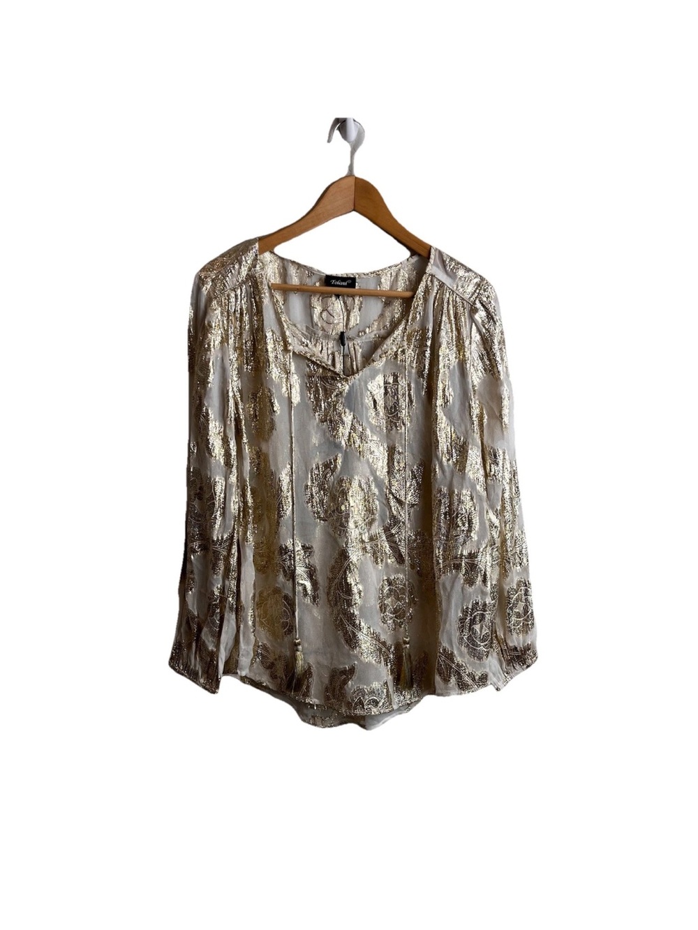Tolani Janessa Top S Glittery Gold Foil White Small Sheer Blouse NWT Womens